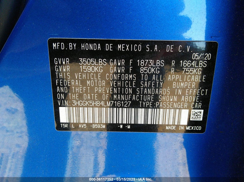 VIN 3HGGK5H84LM716127 2020 HONDA FIT EX