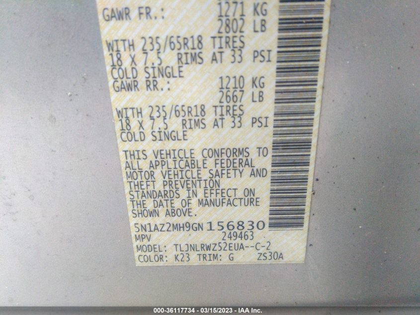 2016 NISSAN MURANO SL - 5N1AZ2MH9GN156830