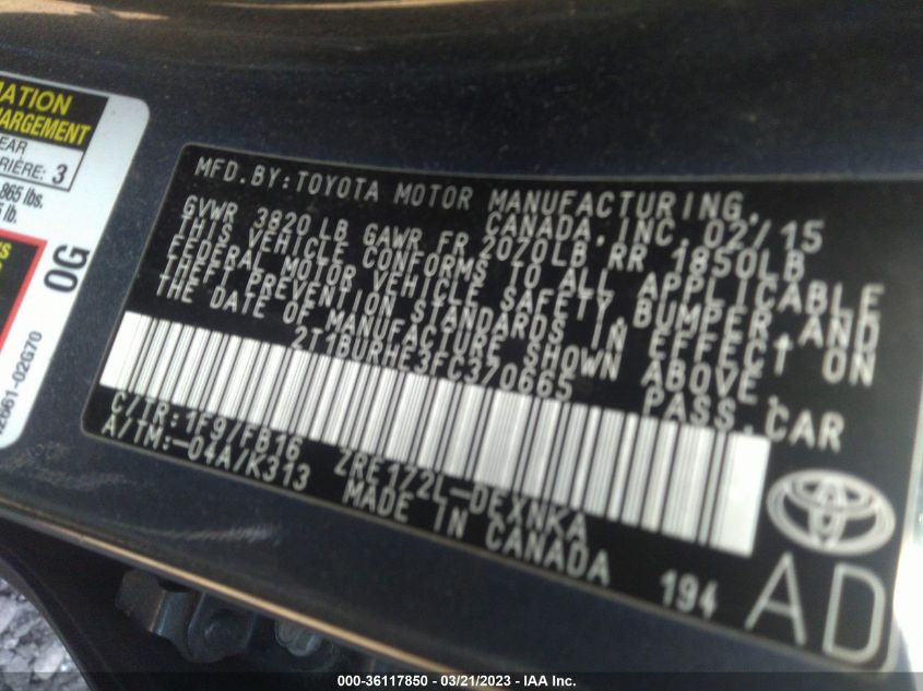 2015 TOYOTA COROLLA L/LE/S/S PLUS/LE PLUS - 2T1BURHE3FC370665
