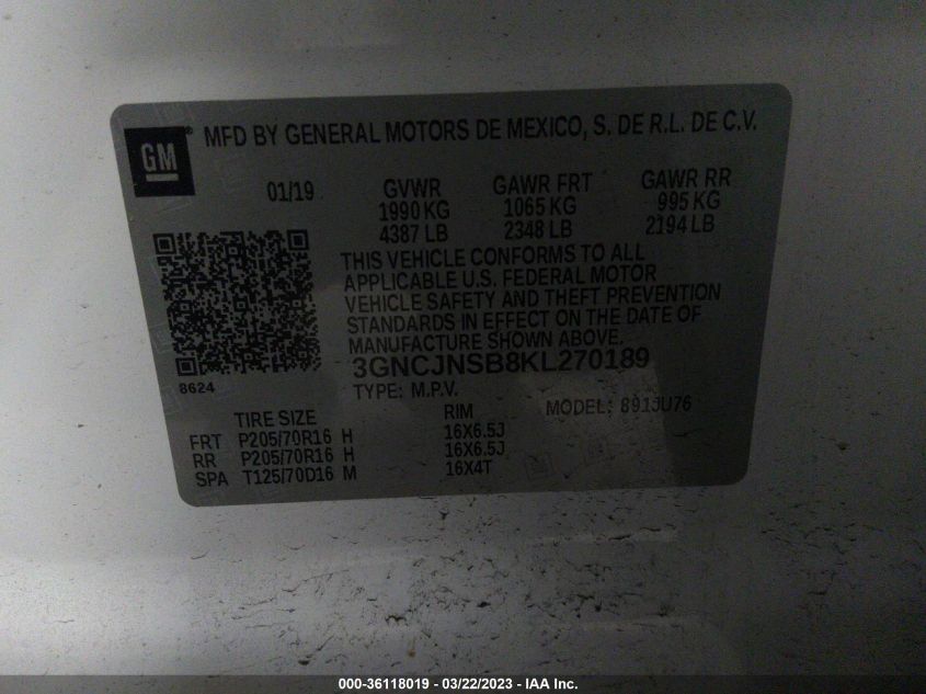 2019 CHEVROLET TRAX LS - 3GNCJNSB8KL270189