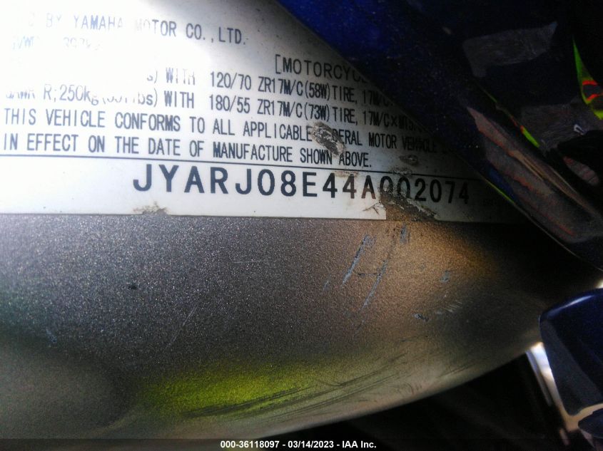 2004 YAMAHA FZ6 S - JYARJ08E44A002074