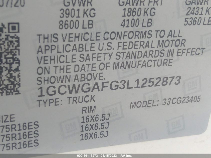 2020 CHEVROLET EXPRESS CARGO VAN - 1GCWGAFG3L1252873