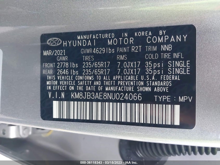 VIN KM8JB3AE8NU024066 2022 HYUNDAI TUCSON SEL