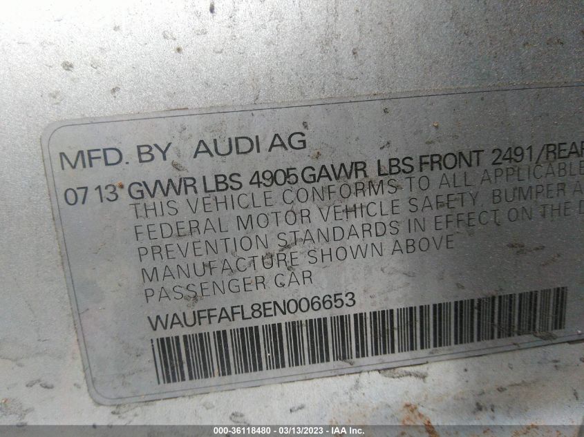 2014 AUDI A4 PREMIUM PLUS - WAUFFAFL8EN006653