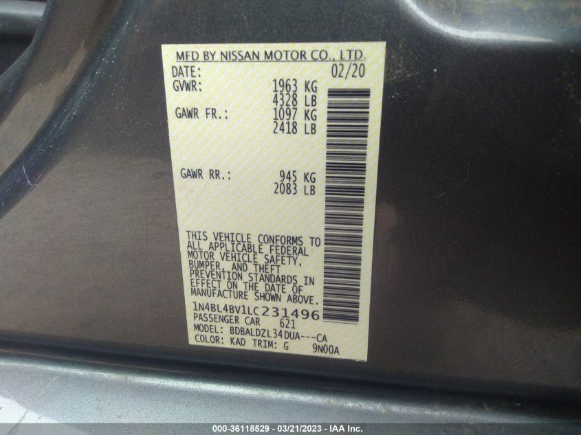2020 NISSAN ALTIMA 2.5 S - 1N4BL4BV1LC231496