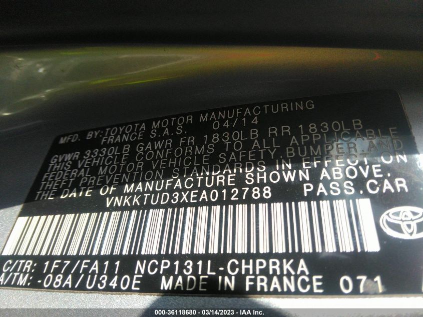 2014 TOYOTA YARIS L/LE - VNKKTUD3XEA012788
