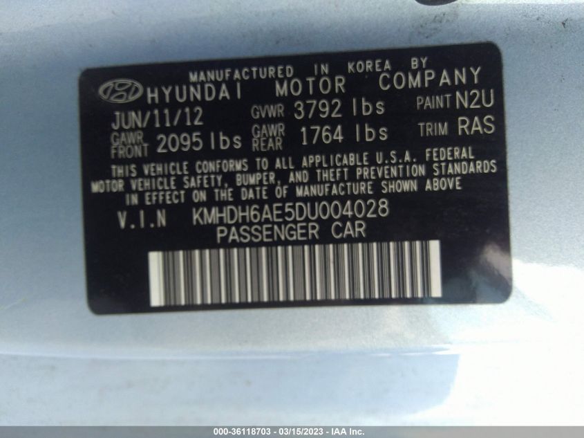 2013 HYUNDAI ELANTRA COUPE SE KMHDH6AE5DU004028