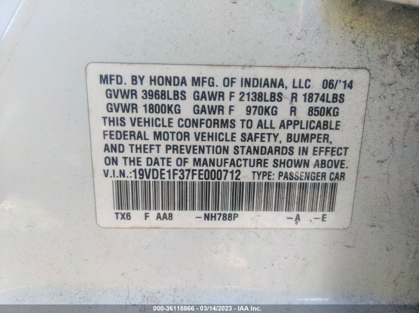 2015 ACURA ILX - 19VDE1F37FE000712