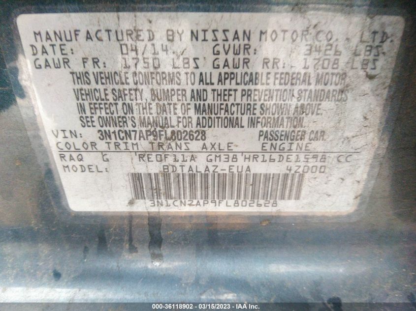 2015 NISSAN VERSA S PLUS - 3N1CN7AP9FL802628