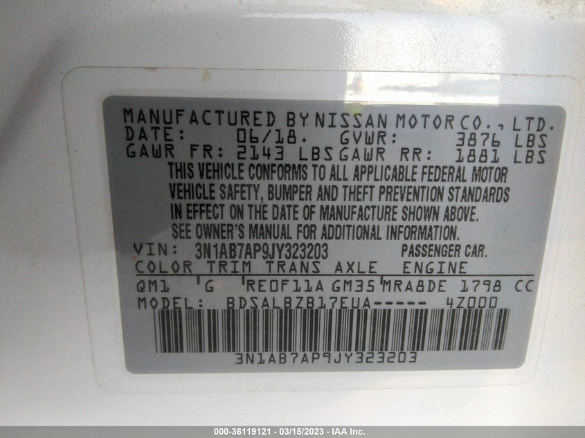 VIN 3N1AB7AP9JY323203 2018 NISSAN SENTRA S