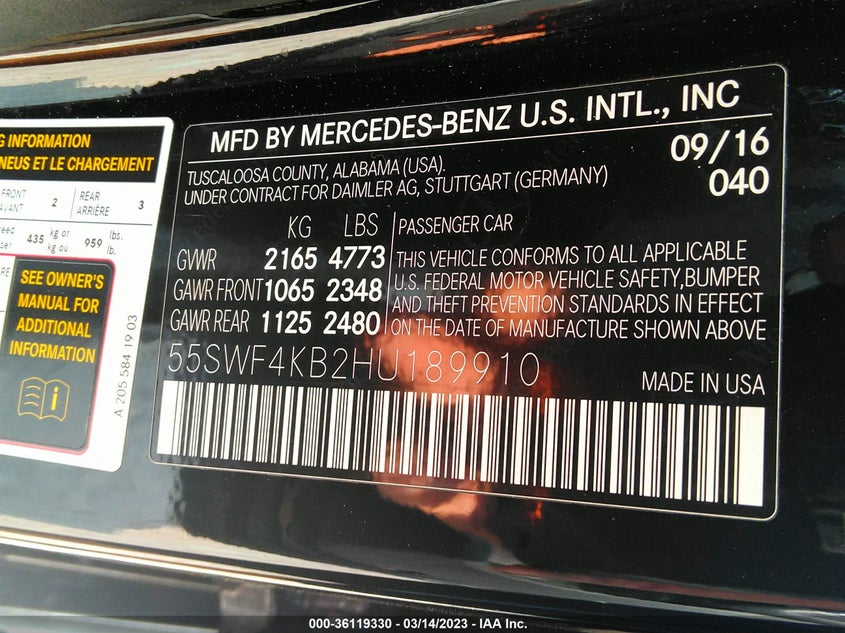 VIN 55SWF4KB2HU189910 2017 MERCEDES-BENZ C-CLASS C 300