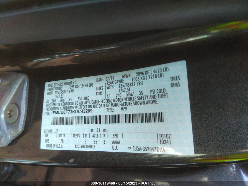 VIN 1FMCU0F73KUC45209 2019 FORD ESCAPE S
