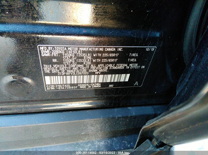 VIN 2T3P1RFV3LC067003 2020 TOYOTA RAV4 XLE