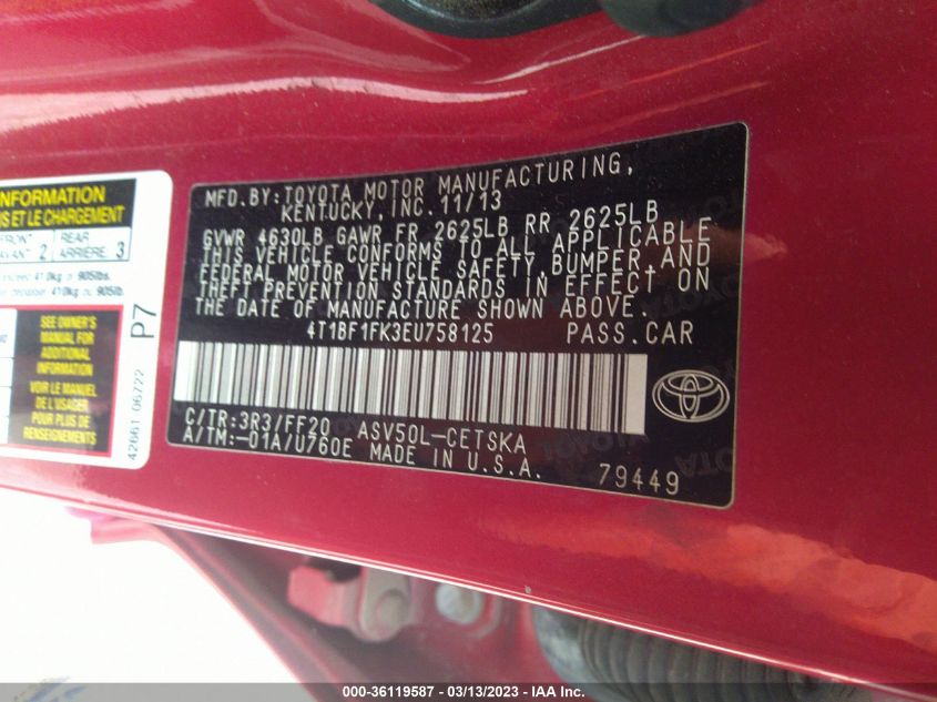 2014 TOYOTA CAMRY L/LE/XLE/SE/SE SPORT - 4T1BF1FK3EU758125