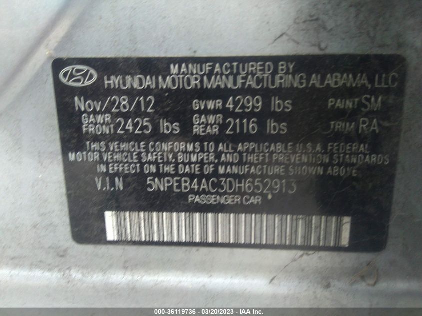 2013 HYUNDAI SONATA GLS PZEV - 5NPEB4AC3DH652913