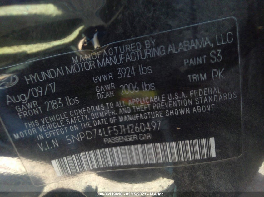 VIN 5NPD74LF5JH260497 2018 HYUNDAI ELANTRA SE