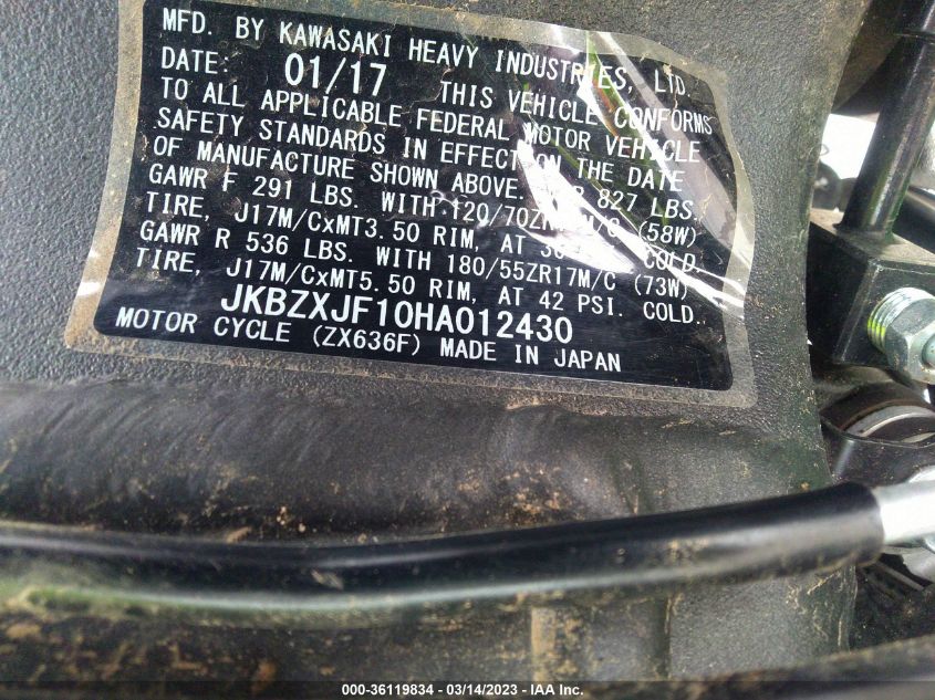 2017 KAWASAKI ZX636 F JKBZXJF10HA012430
