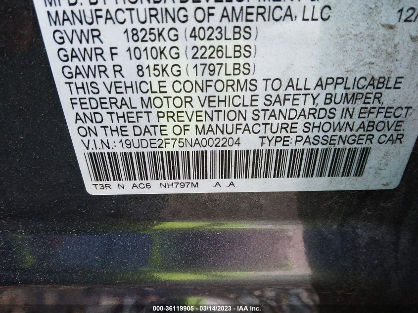 2022 ACURA ILX W/PREMIUM PACKAGE - 19UDE2F75NA002204