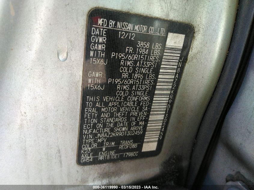 2013 NISSAN CUBE S - JN8AZ2KR9DT302459