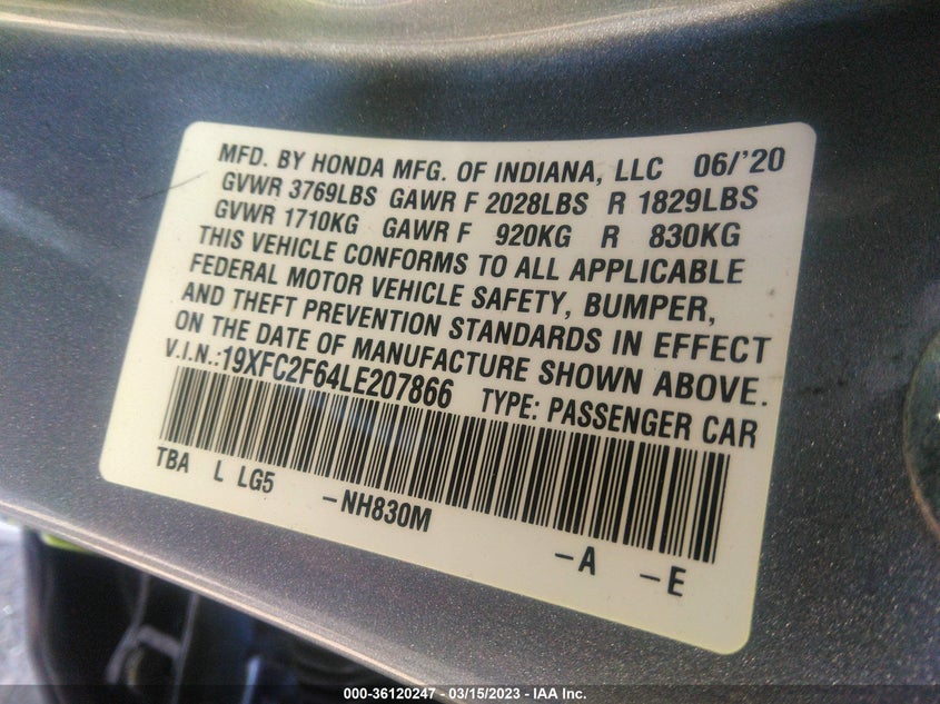 VIN 19XFC2F64LE207866 2020 HONDA CIVIC SEDAN LX