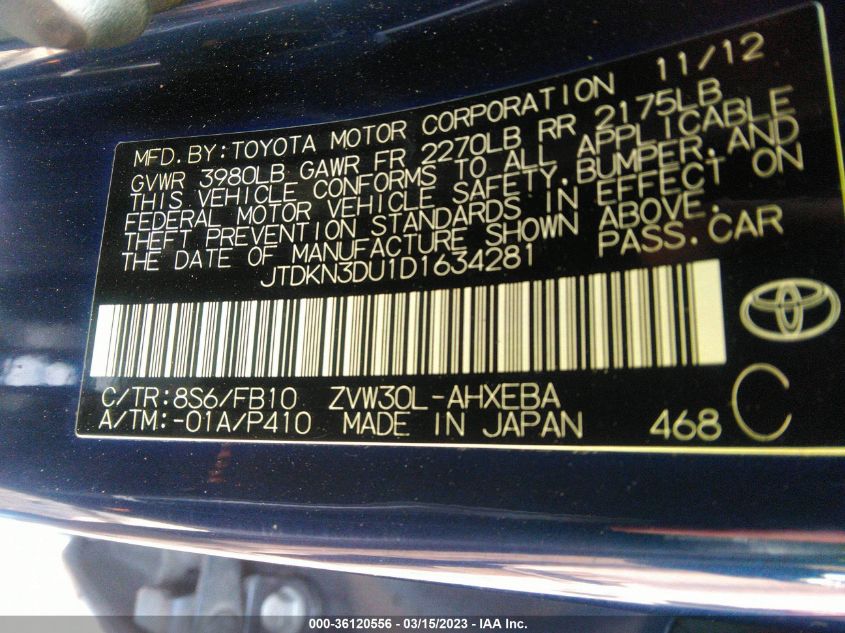 2013 TOYOTA PRIUS ONE/TWO/THREE/FOUR/FIVE - JTDKN3DU1D1634281