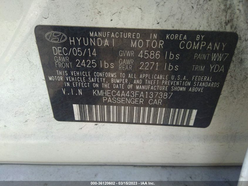 2015 HYUNDAI SONATA HYBRID - KMHEC4A43FA137387
