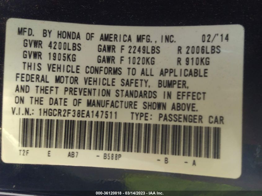 2014 HONDA ACCORD LX - 1HGCR2F38EA147511