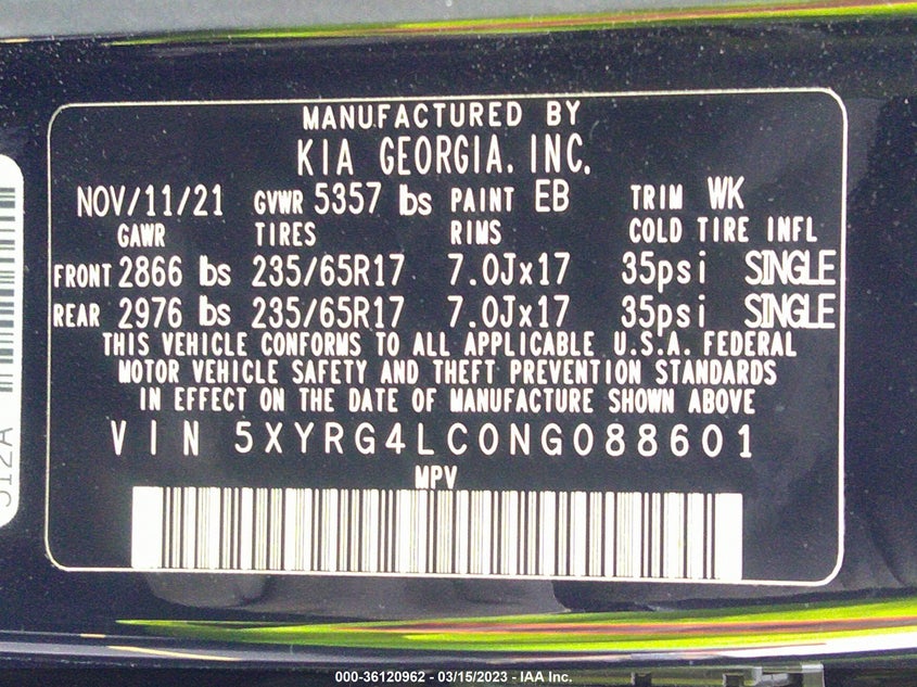 VIN 5XYRG4LC0NG088601 2022 KIA SORENTO LX