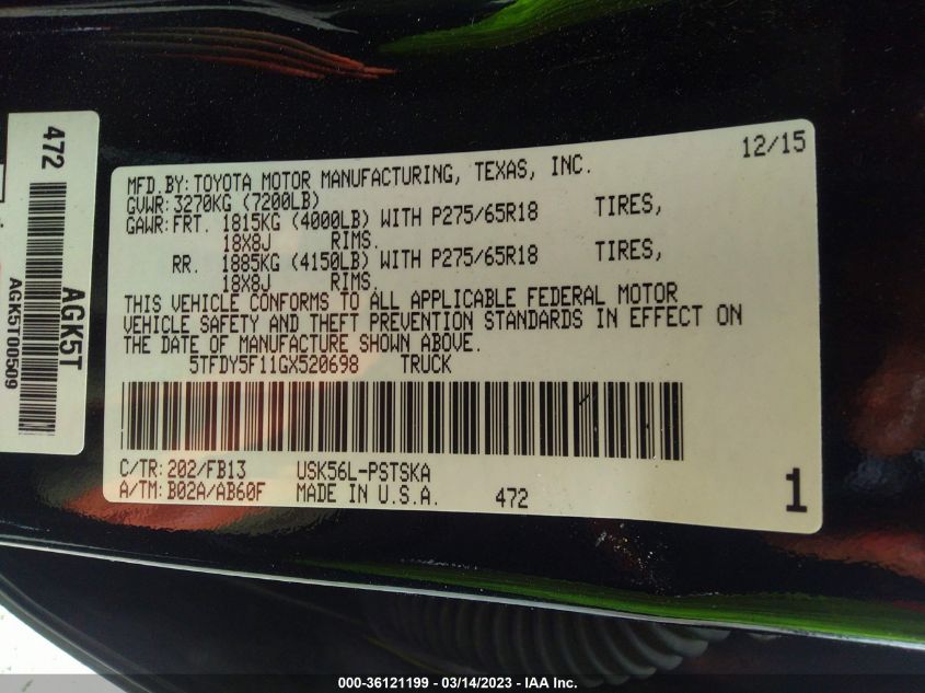 2016 TOYOTA TUNDRA 4WD TRUCK SR5/TRD PRO - 5TFDY5F11GX520698