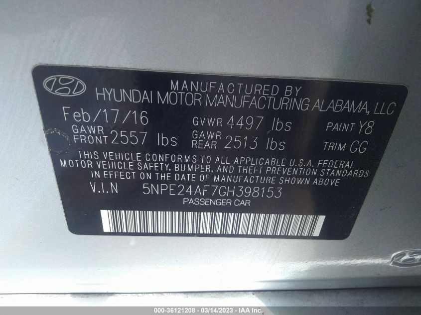 2016 HYUNDAI SONATA 2.4L - 5NPE24AF7GH398153