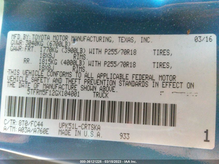 2016 TOYOTA TUNDRA 2WD TRUCK SR/SR5 - 5TFRM5F12GX104001