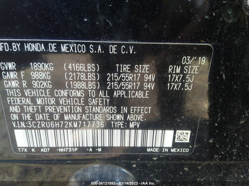 VIN 3CZRU6H72KM717736 2019 HONDA HR-V EX-L