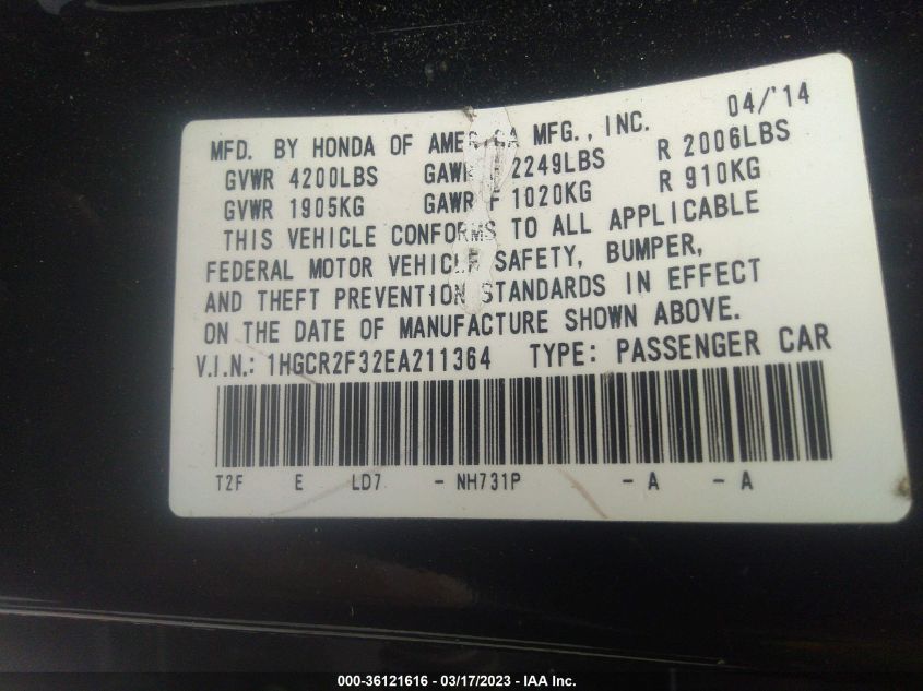 2014 HONDA ACCORD LX - 1HGCR2F32EA211364