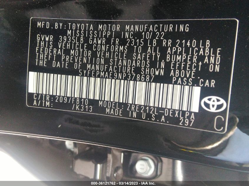 2022 TOYOTA COROLLA LE - 5YFEPMAE9NP378687