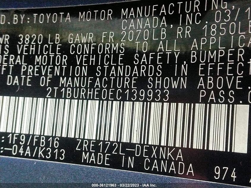 2014 TOYOTA COROLLA L/LE/S/S PLUS/LE PLUS - 2T1BURHE0EC139933