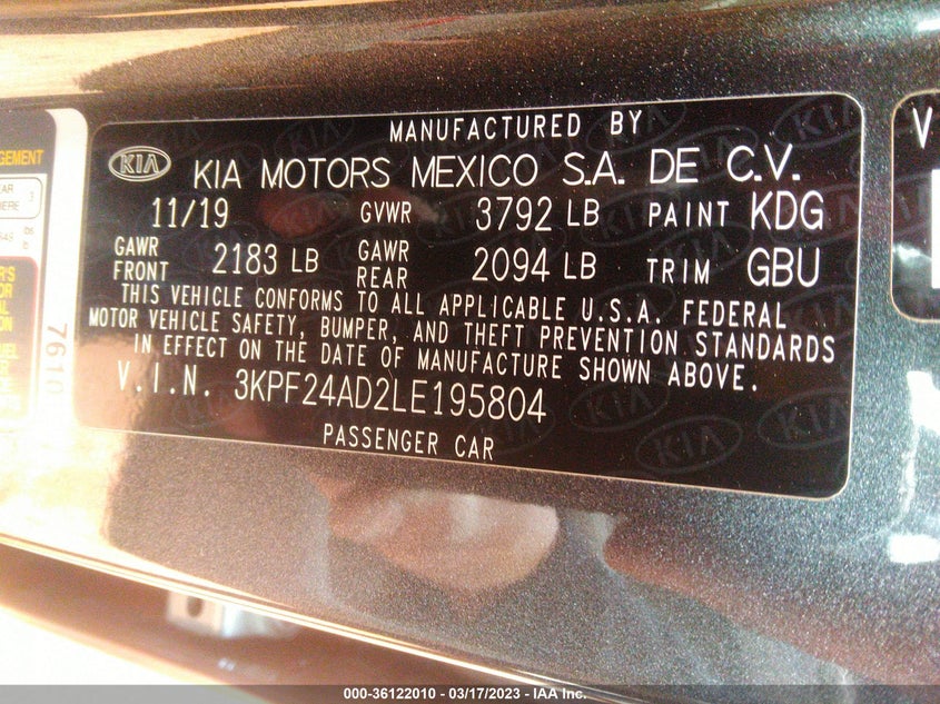 VIN 3KPF24AD2LE195804 2020 KIA FORTE LXS