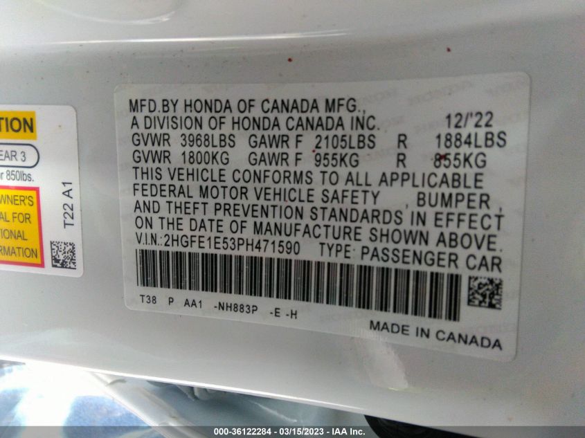 2023 HONDA CIVIC SI 2HGFE1E53PH471590