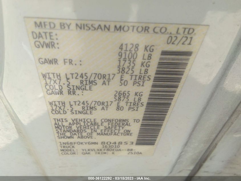 2021 NISSAN NV CARGO SV 1N6BF0KY6MN804853