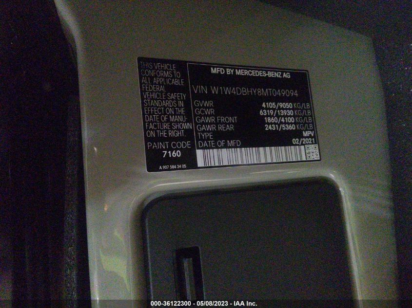 2021 MERCEDES-BENZ SPRINTER VAN W1W4DBHY8MT049094