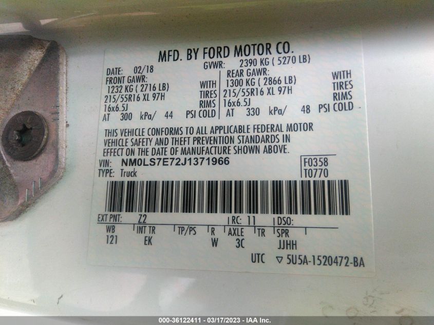 2018 FORD TRANSIT CONNECT VAN XL NM0LS7E72J1371966