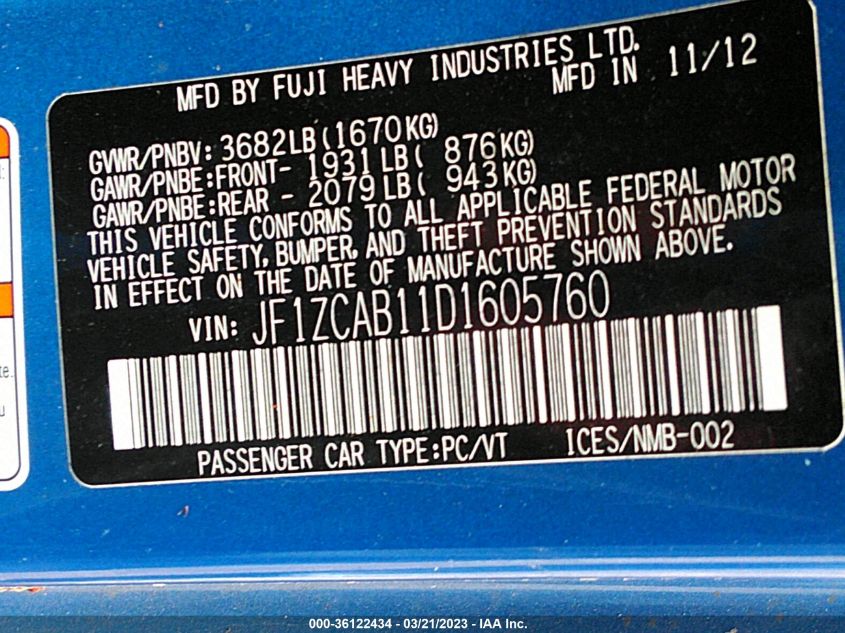 2013 SUBARU BRZ PREMIUM - JF1ZCAB11D1605760