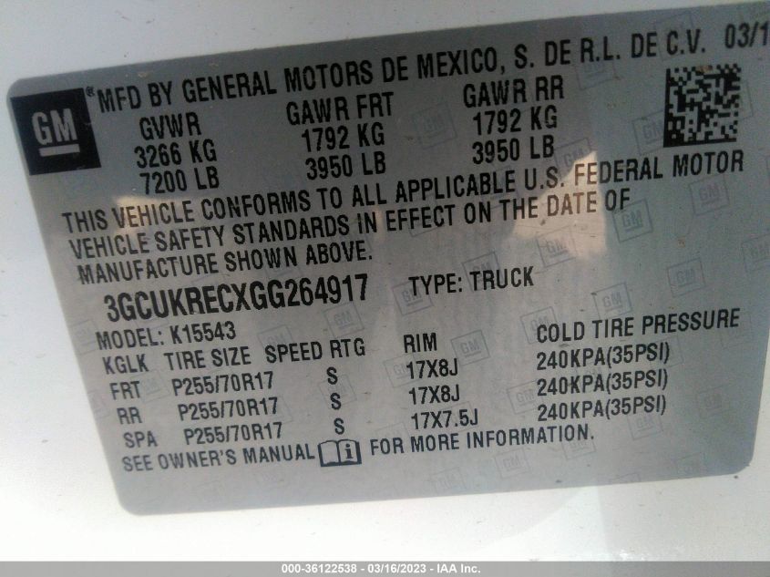 2016 CHEVROLET SILVERADO 1500 LT - 3GCUKRECXGG264917