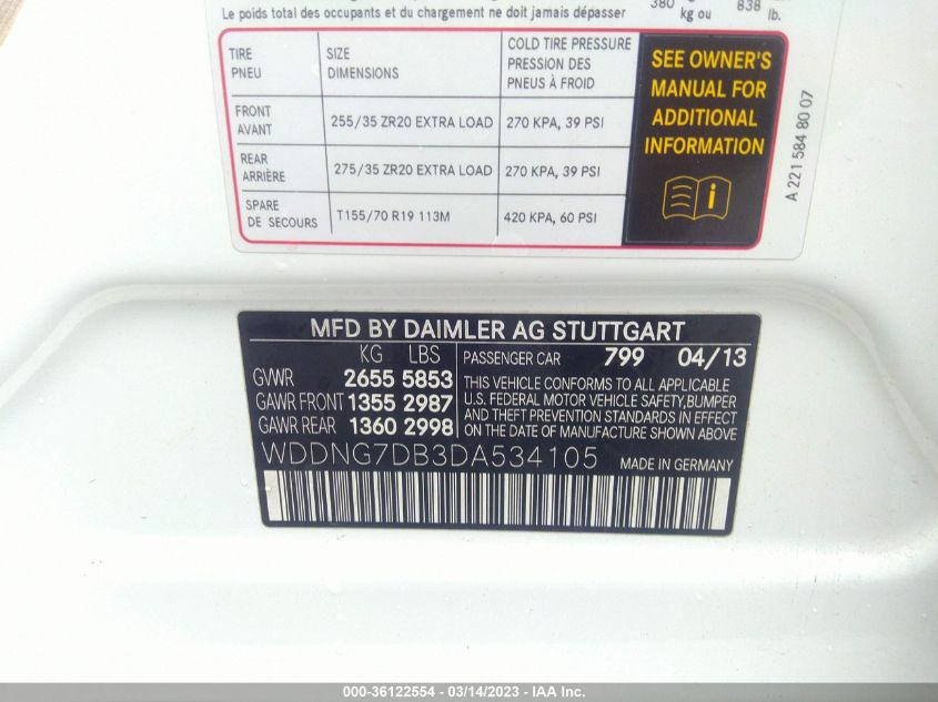 2013 MERCEDES-BENZ S-CLASS S 550 - WDDNG7DB3DA534105