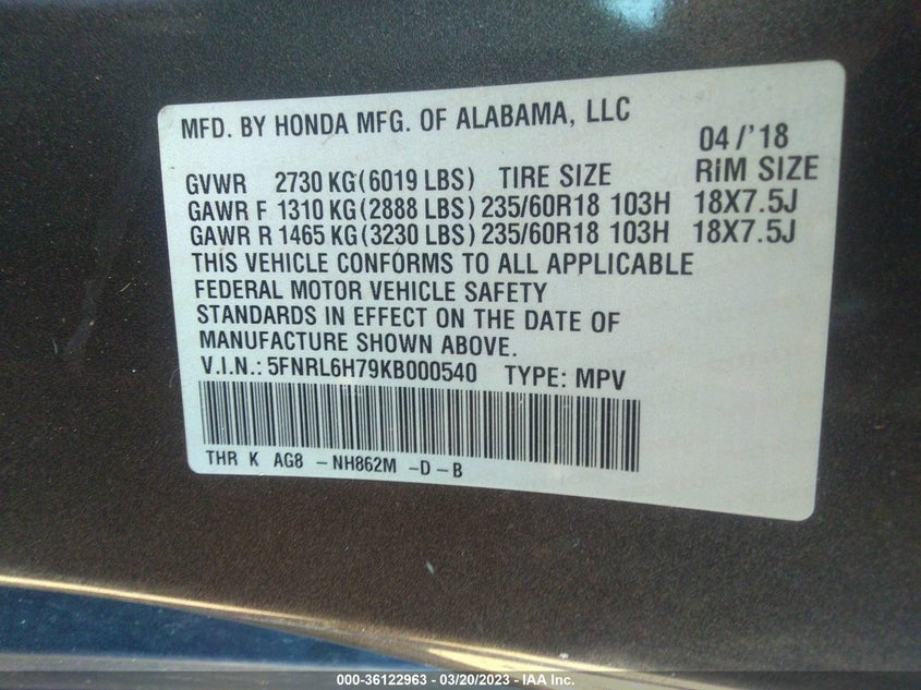 VIN 5FNRL6H79KB000540 2019 HONDA ODYSSEY EX-L