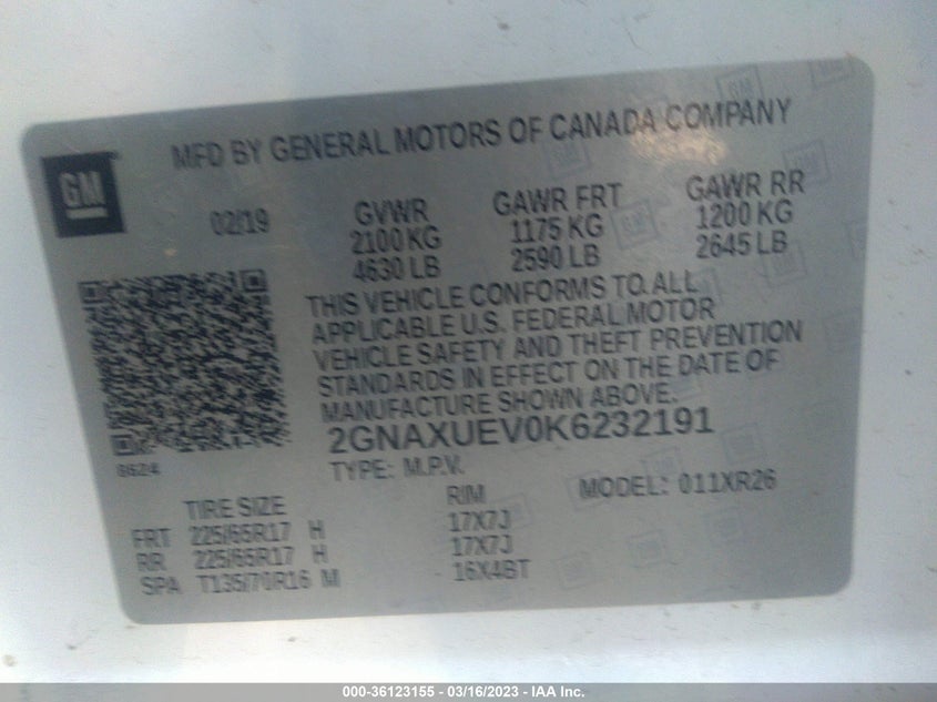 VIN 2GNAXUEV0K6232191 2019 CHEVROLET EQUINOX LT