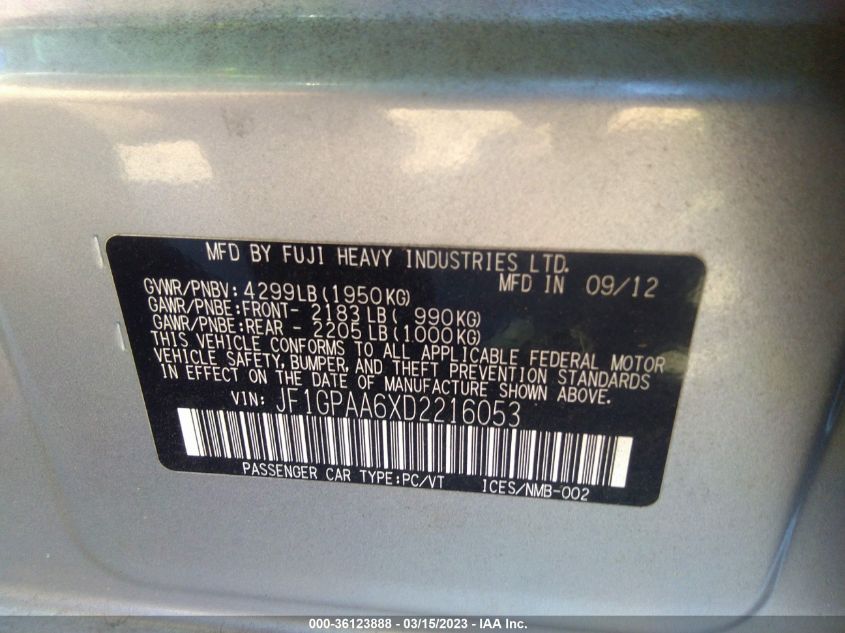 2013 SUBARU IMPREZA WAGON 2.0I - JF1GPAA6XD2216053