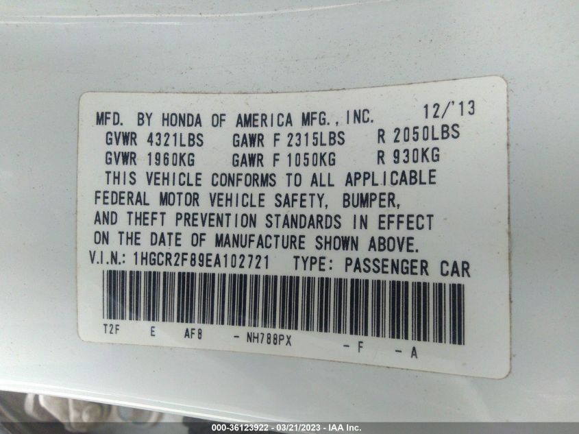 2014 HONDA ACCORD SEDAN EX-L - 1HGCR2F89EA102721