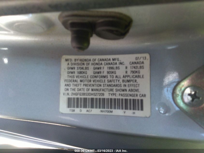 2013 HONDA CIVIC CPE LX 2HGFG3B53DH527209