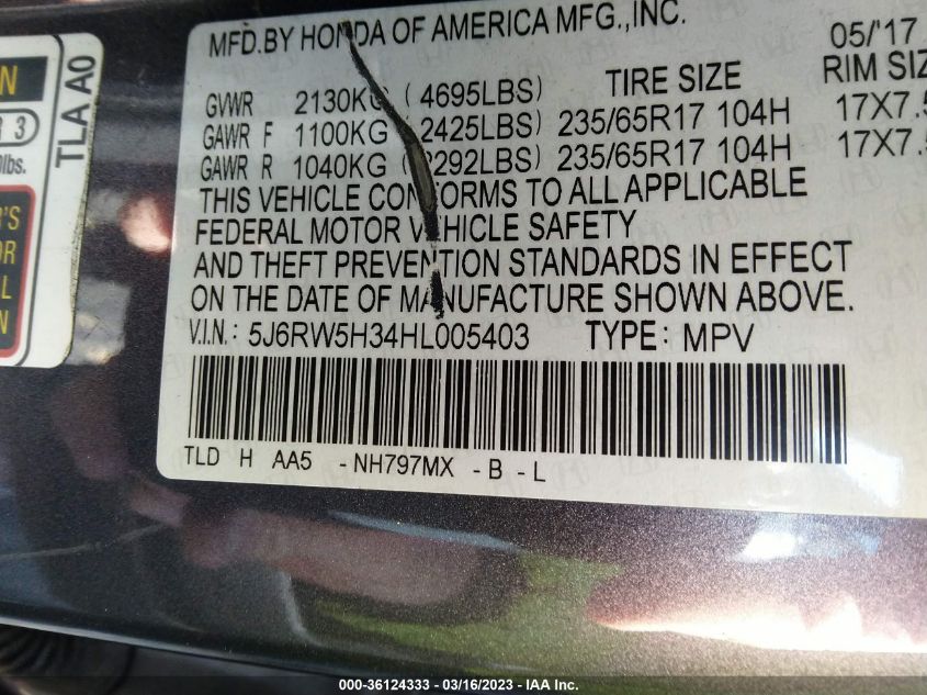 2017 HONDA CR-V LX - 5J6RW5H34HL005403