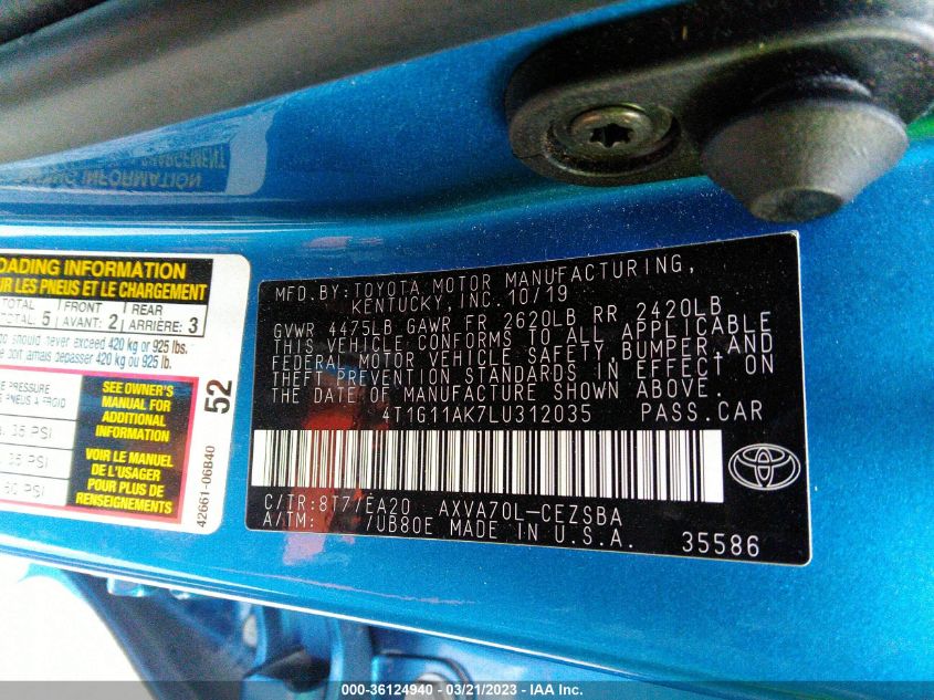 2020 TOYOTA CAMRY SE - 4T1G11AK7LU312035
